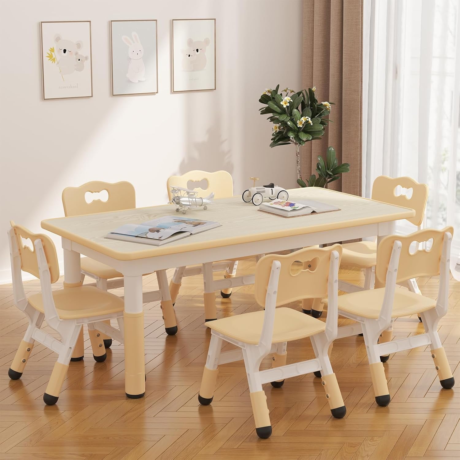 Garvee Kids Activity Table and Chair Set 7-Piece, Adjustable Height, Light Yellow