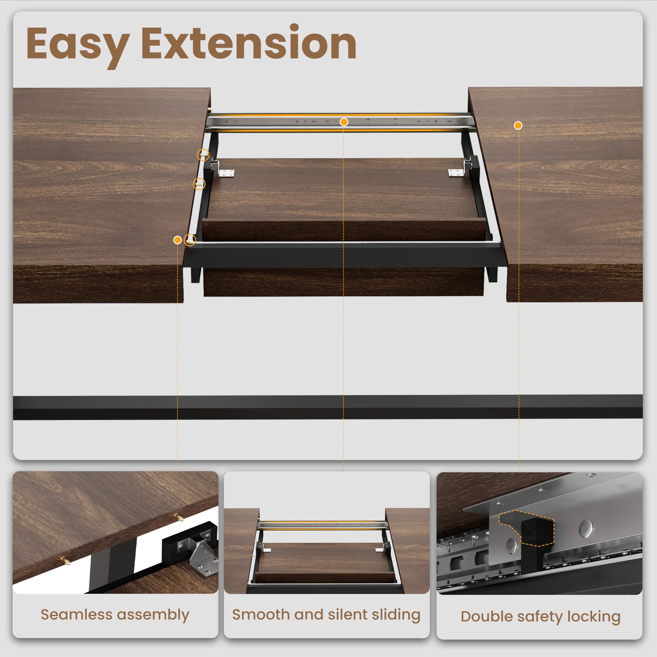 63"-83" Extendable Industrial Dining Table - Seats 6-8 - Expandable Rectangular Kitchen Table with Metal Frame for Parties-Brown