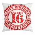 thumbnail image 1 of 16th Birthday Decorations Throw Pillow Cushion Cover, Vintage Rubber Stamp Old Fashion Greeting Sign Time Flies Print, Decorative Square Accent Pillow Case, 24 X 24 Inches, Red White, by Ambesonne, 1 of 2