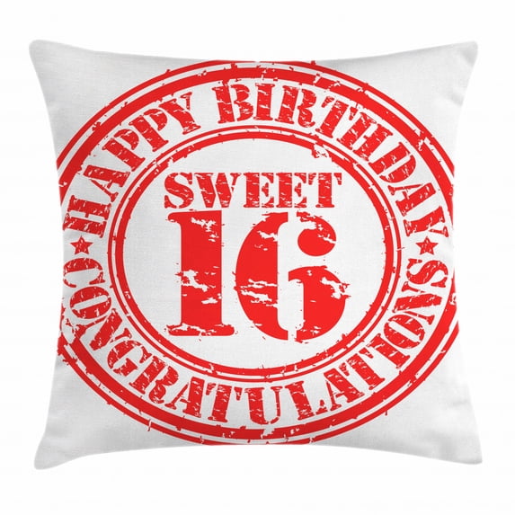 16th Birthday Decorations Throw Pillow Cushion Cover, Vintage Rubber Stamp Old Fashion Greeting Sign Time Flies Print, Decorative Square Accent Pillow Case, 24 X 24 Inches, Red White, by Ambesonne