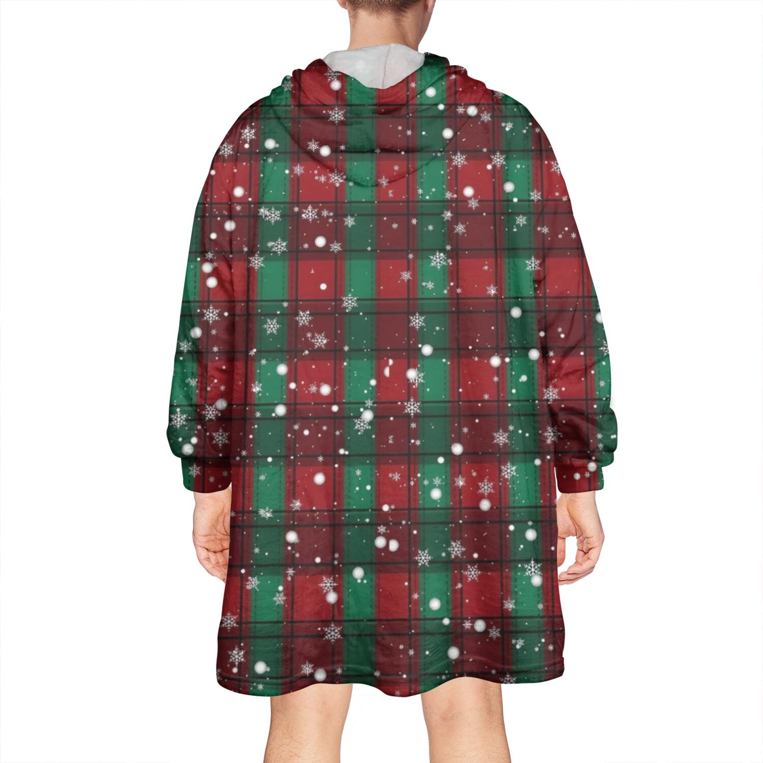 Wearable Oversized Blanket,Red and Green Plaid Christmas Snow Pattern Wearable Blanket Hoodie for Adults,Cozy Hooded Blankets with Super Pockets,Super Warm Fuzzy Pullover for Women & Men