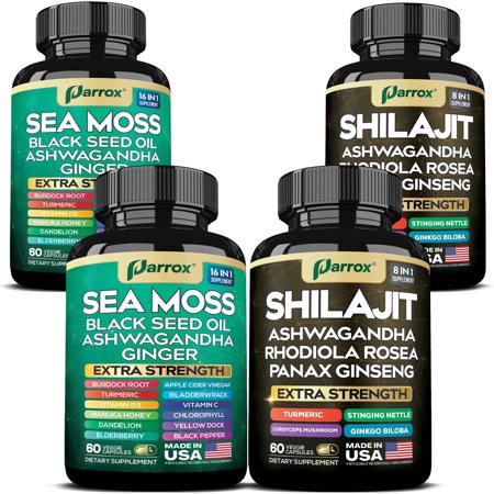 Parrox Dynamic Vitality Bundle – Sea Moss, Black Seed Oil, Ashwagandha, Ginger, Turmeric, Dandelion, Shilajit, Panax Ginseng, Rhodiola Rosea & Cordyceps Mushroom – All-in-One Supplements Duo – 2 Pack