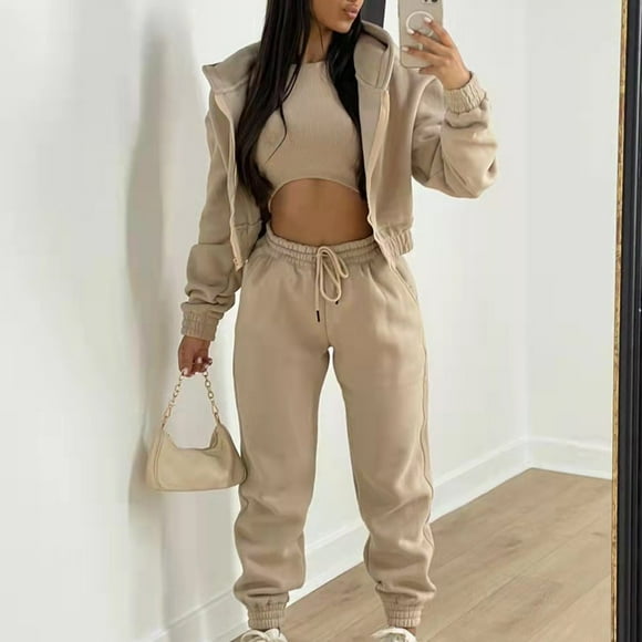 Wiyuqeen 3 Piece Sweatsuits for Women Zip Up Hoodie Sweatshirt Crop Tank Top Jogger Sweatpants Sets Plain Loose Fit Outfits Tracksuits