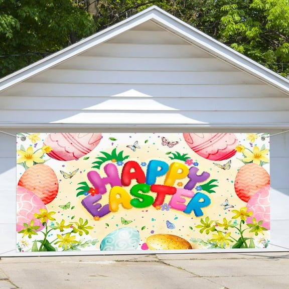 8X6 ft Easter Decorationse Garage Door Decoration Background Spring Floral Colorful Egg Hunt Backdrop Easter Colorful Eggs Background for Photography Happy Birthday Party Banner Decor Cover Cover