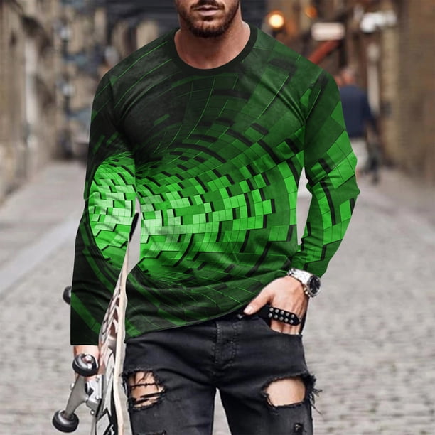 Blusas y camisas de manga larga con cuello redondo para hombre, blusa informal de manga larga con cuello redondo y estampado de rayas, blusa de poliéster para hombre