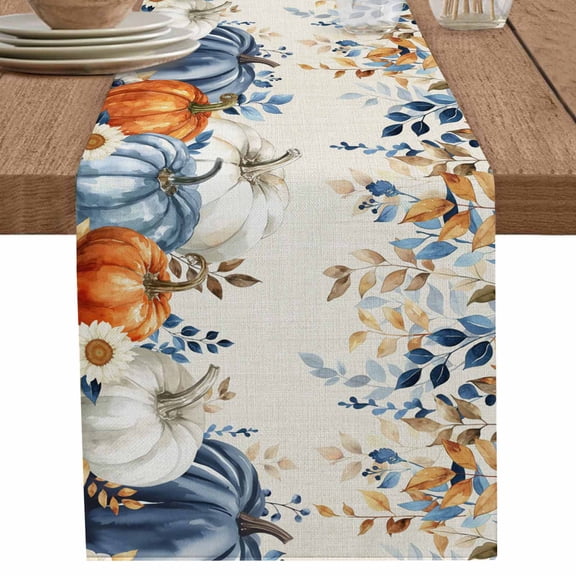 nqOlkjepod Thanksgiving Pumpkin Table Runner 90 Inches Long Farmhouse Dress Scarves, Fall Farmhouse Eucalyptus Leaves Dining Tablerunner for Coffee Table/Kitchen Island/Party Décor, 13" x 90"