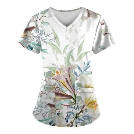 

ELFINDEA Summer Printed Pocket Scrubs Blouses for Women V Neck Short Sleeve Womens Tops
