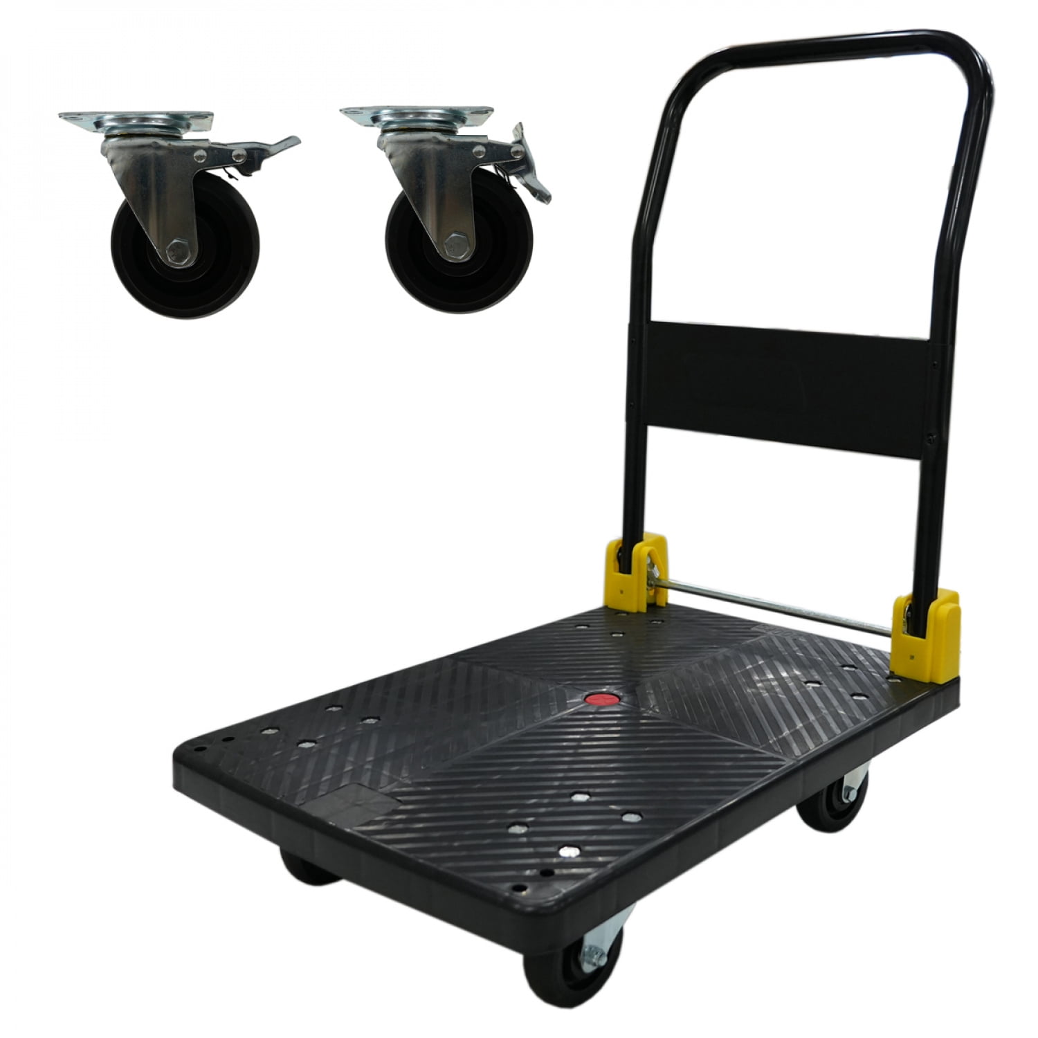Foldable Platform Push Hand Truck Cart 880 Lbs Weight Capacity 2 Swivel Brake Wheels Black Metal Construction