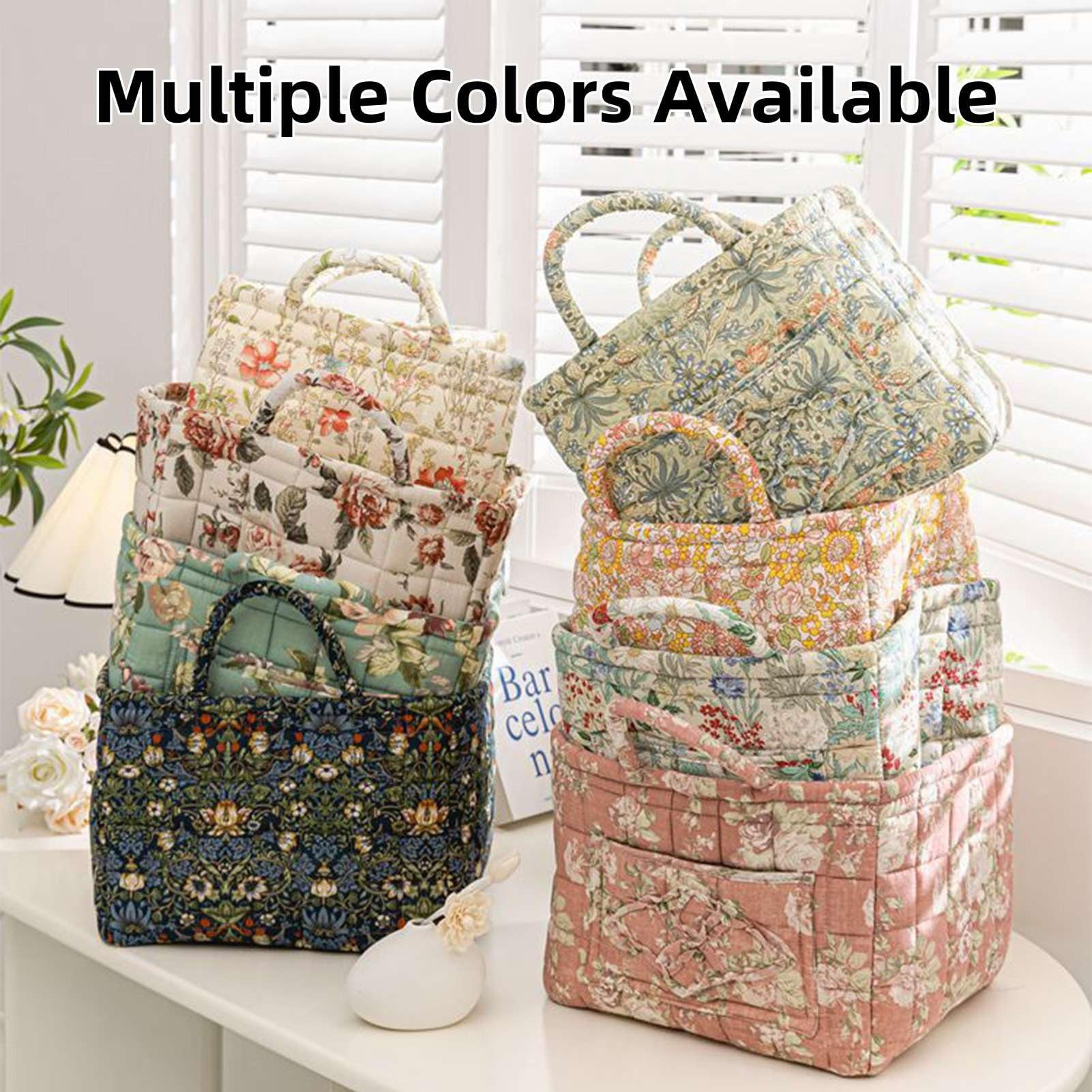 Guilted Basket - Quilted Storage Basket, Floral Foldable Storage Basket Car, Quilted Easter Basket with Easy-Carry Handles Large
