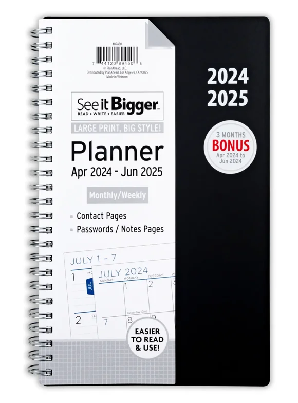 See It Bigger Monthly & Weekly Planner, April 2024 - June 2025 (5.75"x 8.75") Black