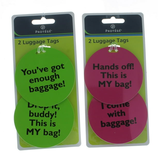 WM Set of 4 Protege Humorous Luggage Tags Round Green/Pink Suitcase