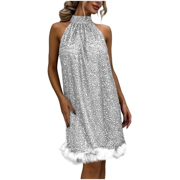 Felirenzacia Women's Sequin Dress A Line Sparkly Sleeveless Wedding Gown Party Dresses,Silver,L