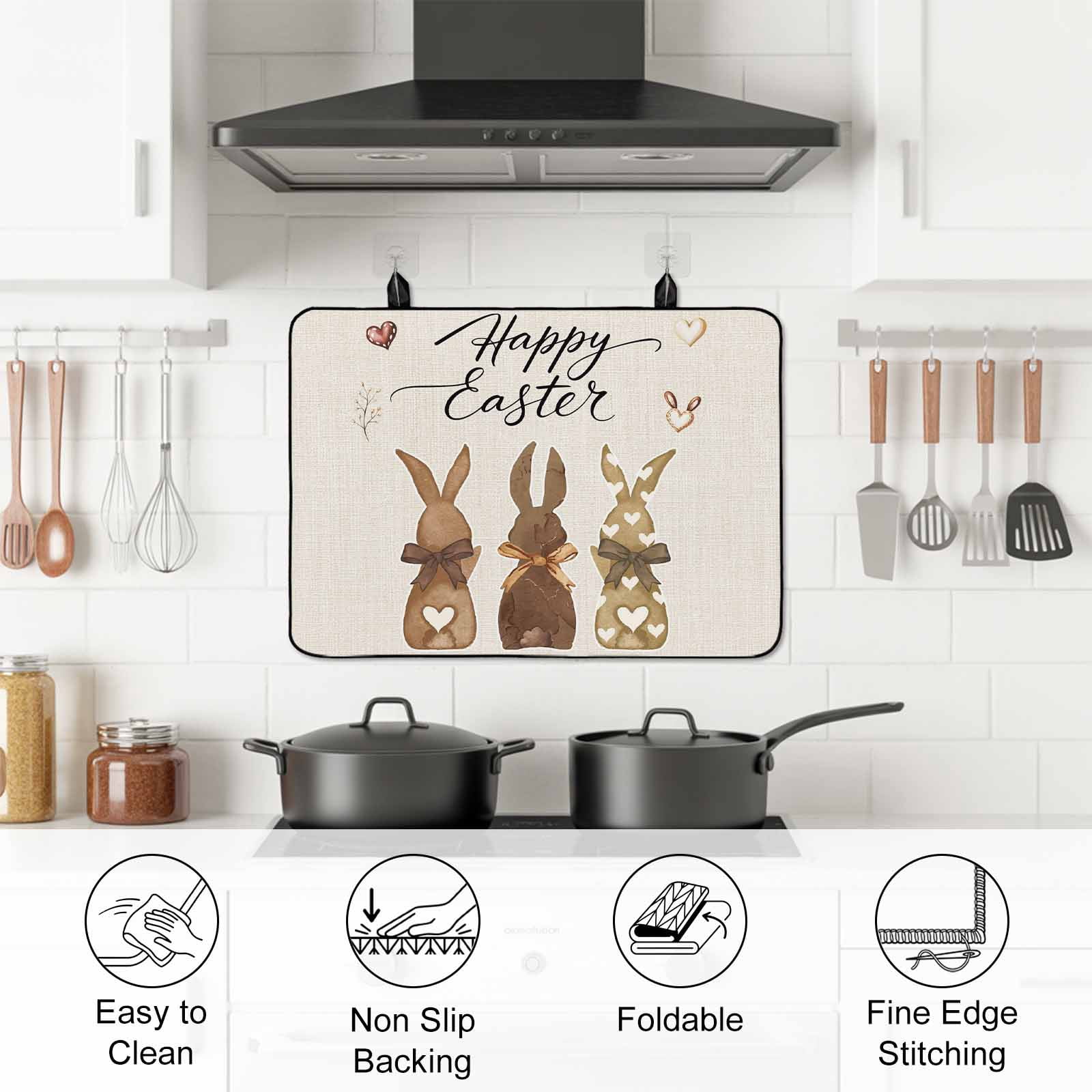 Happy Easter Stove Top Cover for Electric Stove, Heat-proof & Non Slip Glass Top Stove Cover Protector, Vintage Brown Rabbits Love Heart Balloon Kitchen Flat Cooktop Rubber Mat 24x21 Inches