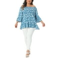 thumbnail image 2 of Agnes Orinda Women's Plus Size Easter Tops Floral Ruffle Hem Crew Neck Off Shoulder Half Sleeve Blouse Summer T-Shirt 2X Blue, 2 of 6