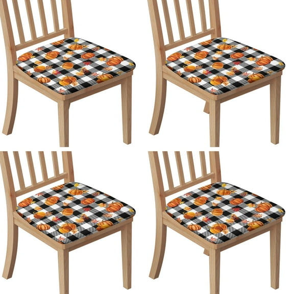 Fall Pumpkins and Leaves Buffalo Plaid Seat Covers for Dining Room Chairs Set Of 4,Stretch Printed Washable Chair Seat Cover with Elastic Ties and Button,Removable Waterproof Couch Cushion Covers