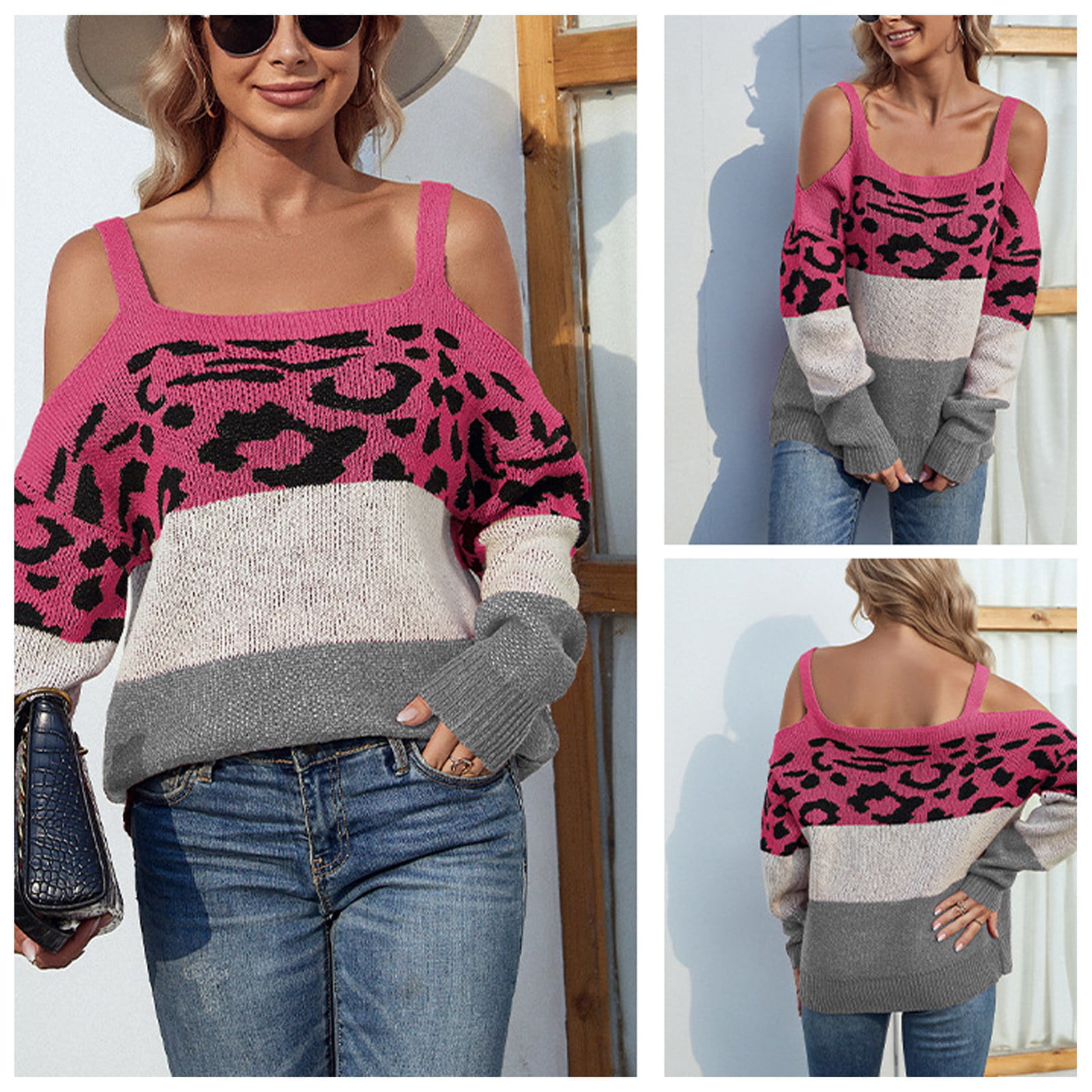 feiboyy women's contrast color leopard print cross border knit sweater  leaky shoulder sling sweater