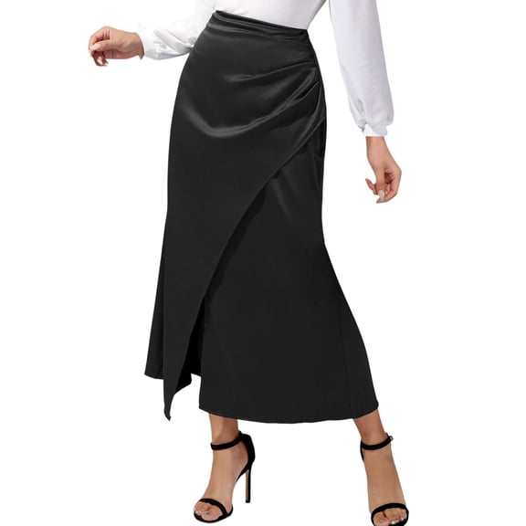 Women's High Waist Satin Pleated Split Long Skirt - Classic Solid Color, Zipper Closure, Elegant Bodycon Design