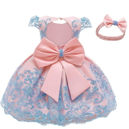 

0-24M Baby Girls Pageant Lace Embroidery Dresses Toddler Party Bowknot Tutu Gown Dress with Headwear