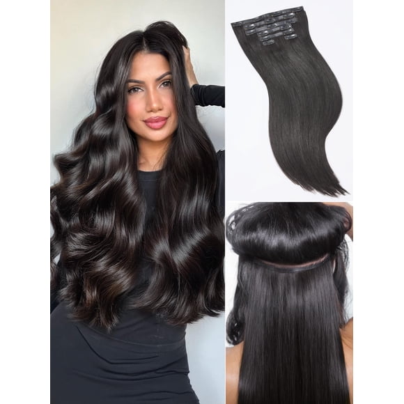 LUVME Straight Seamless 110g 7Pcs Clip in Hair Extensions Full Max with 18inch Remy Human Hair Extensions, Natural Black 100% Real Soft Human Hair Extensions