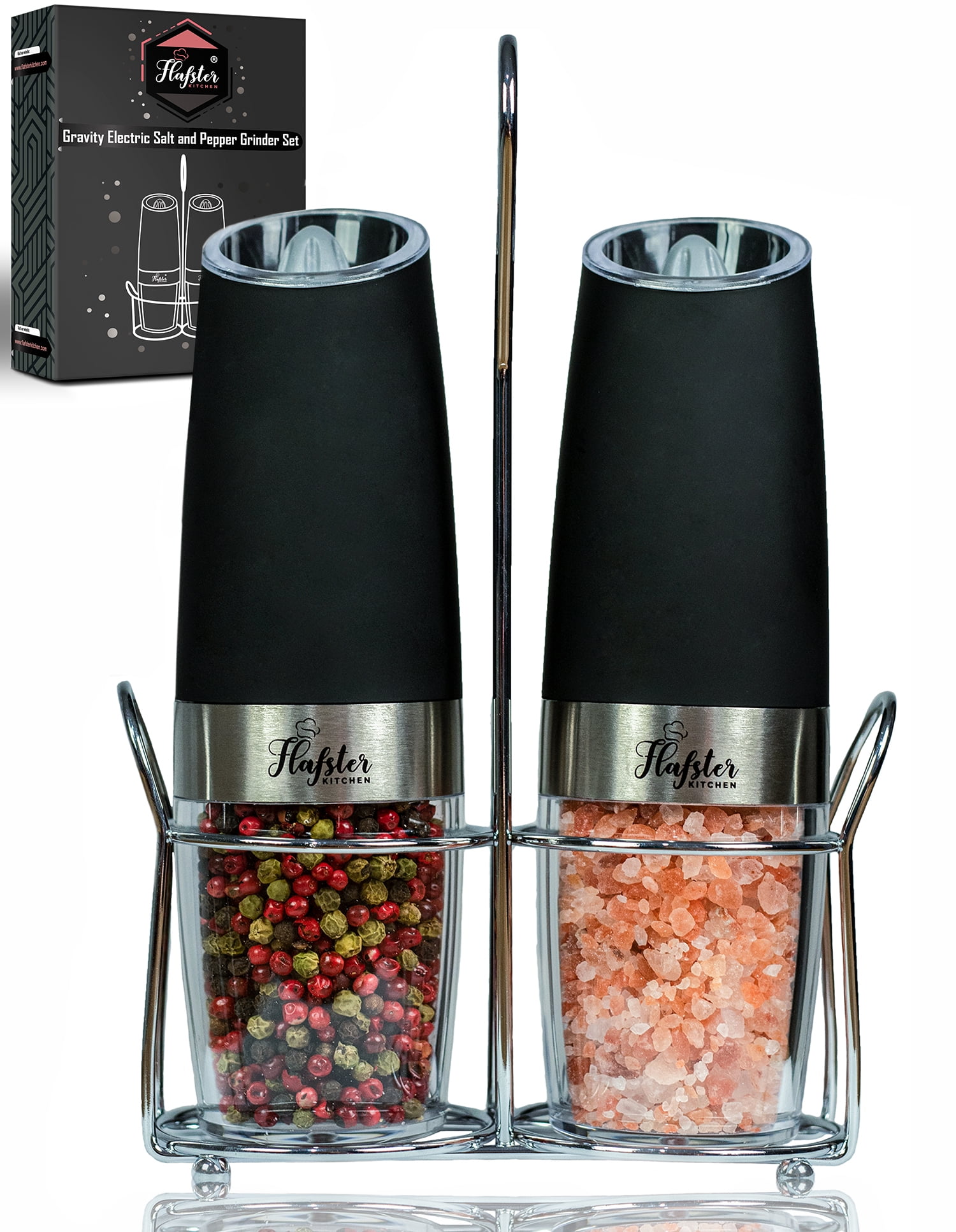 Flafster Kitchen Battery Operated Salt and Pepper Grinder Set - Electric Stainless Steel