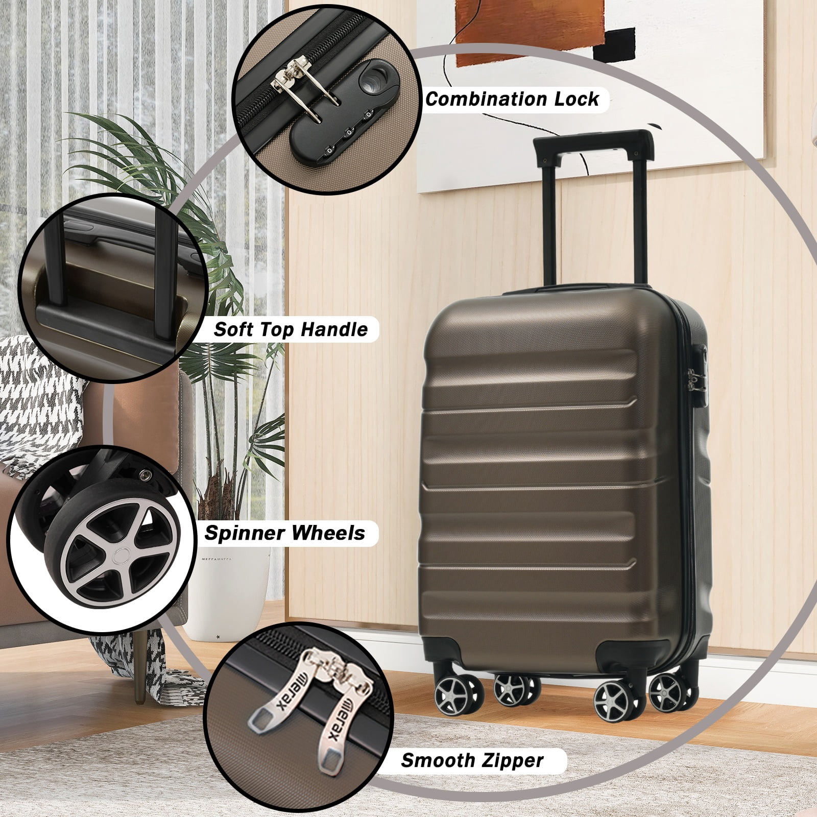 Hardshell ABS Carry-On Luggage with Spinner Wheels, Lightweight 20 Inch Travel Suitcase with Foldable Duffel Bag for Men and Women