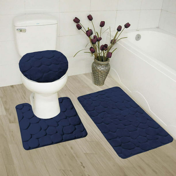3 Piece Bathroom Rug Set Rock Navy Blue High Quality Jacquard Washable Anti Slip 18 X28 Contour Mat X18 And Toilet Seat Lid Cover X19 With Non Skid Rubber Back Com - Navy Blue Toilet Seat Cover Set