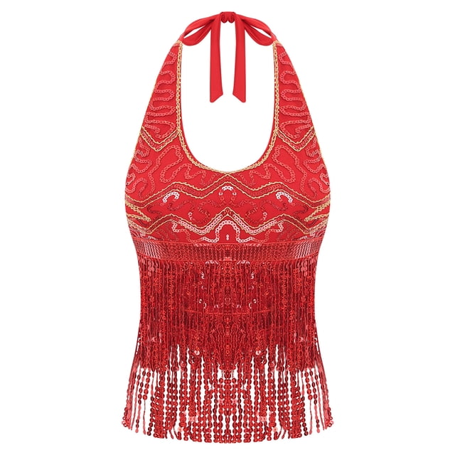 Kvysinly Hauts à Franges Scintillants pour Femmes Sans Manches Col Halter à Franges Débardeur à Paillettes Tenue de Fête Rouge Taille Unique