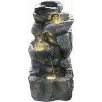 4-Tiers Cascading Rock Outdoor Water Fountain with LED Light, Standing Cascading Water Feature Faux Stacked Stones Waterfalls Decor for Garden Patio Yard and Lawn (Deep Grey)