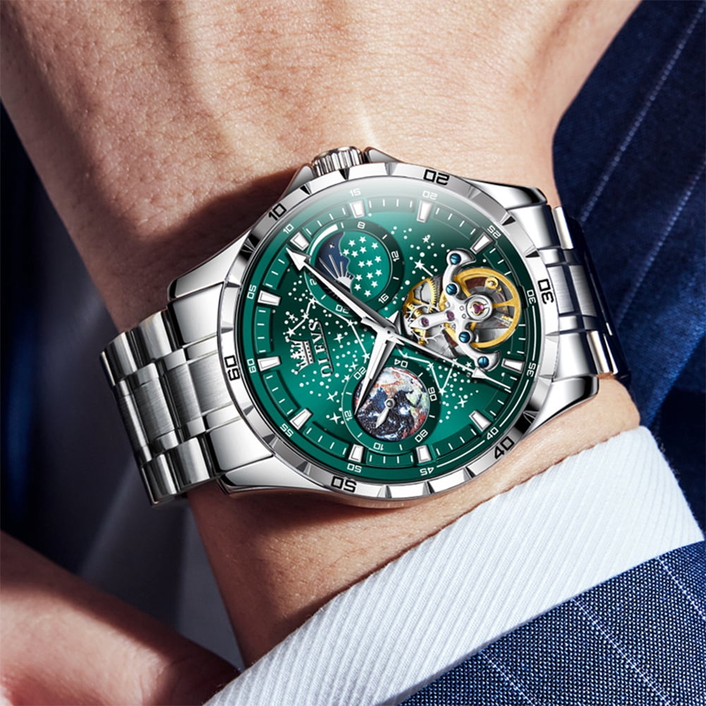 OLEVS Automatic Watches for Mens Starry Sky Skeleton Tourbillon Self Winding Mechanical Moon Phase Luminous Waterproof Luxury Dress Mens Wrist Watches Gifts Reloj Para Hombre Black/Blue/Green