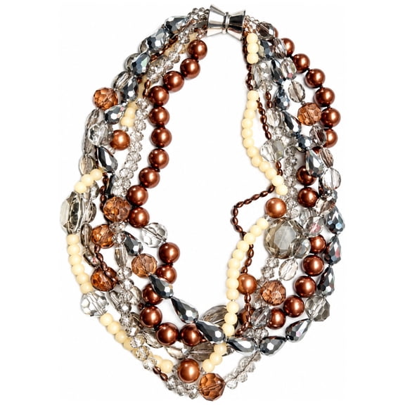 Suzannes Jewelry Women's Layered Statement Necklace, Copper Shell Pearls, Smoky Crystals, Chain, Magnetic Clasp, 19 in
