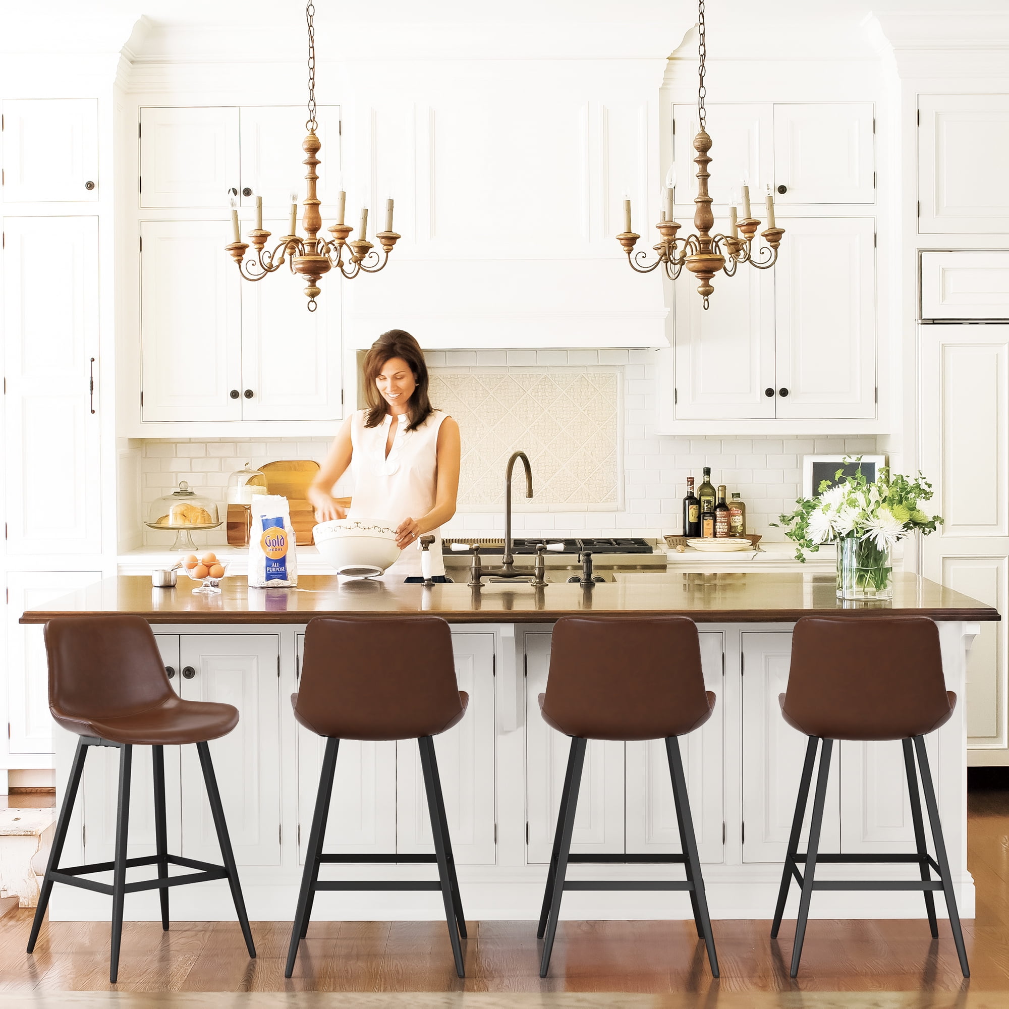 Dycanpo Modern Faux Leather 26 Inch,Counter Height Bar Stools Set of 4,for Home Kitchen, Dark Brown