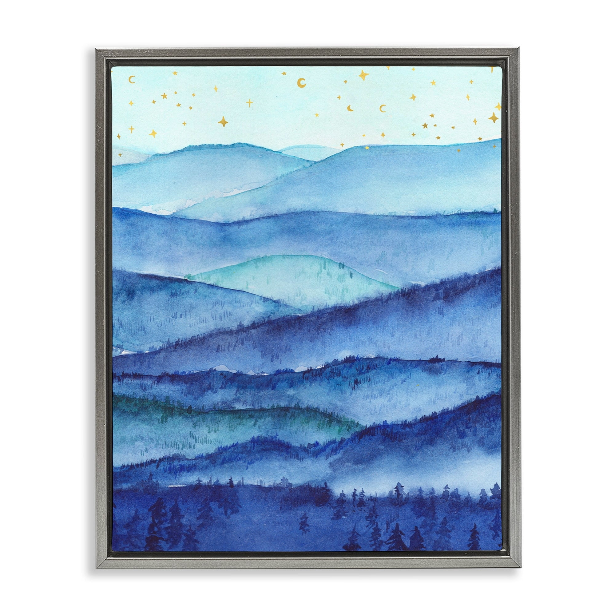 Stupell Industries Blue Mountains Trees Scenery Shining Stars Sky Painting Luster Gray Floating Framed Canvas Print Wall Art, Design by Arrolynn Weiderhold