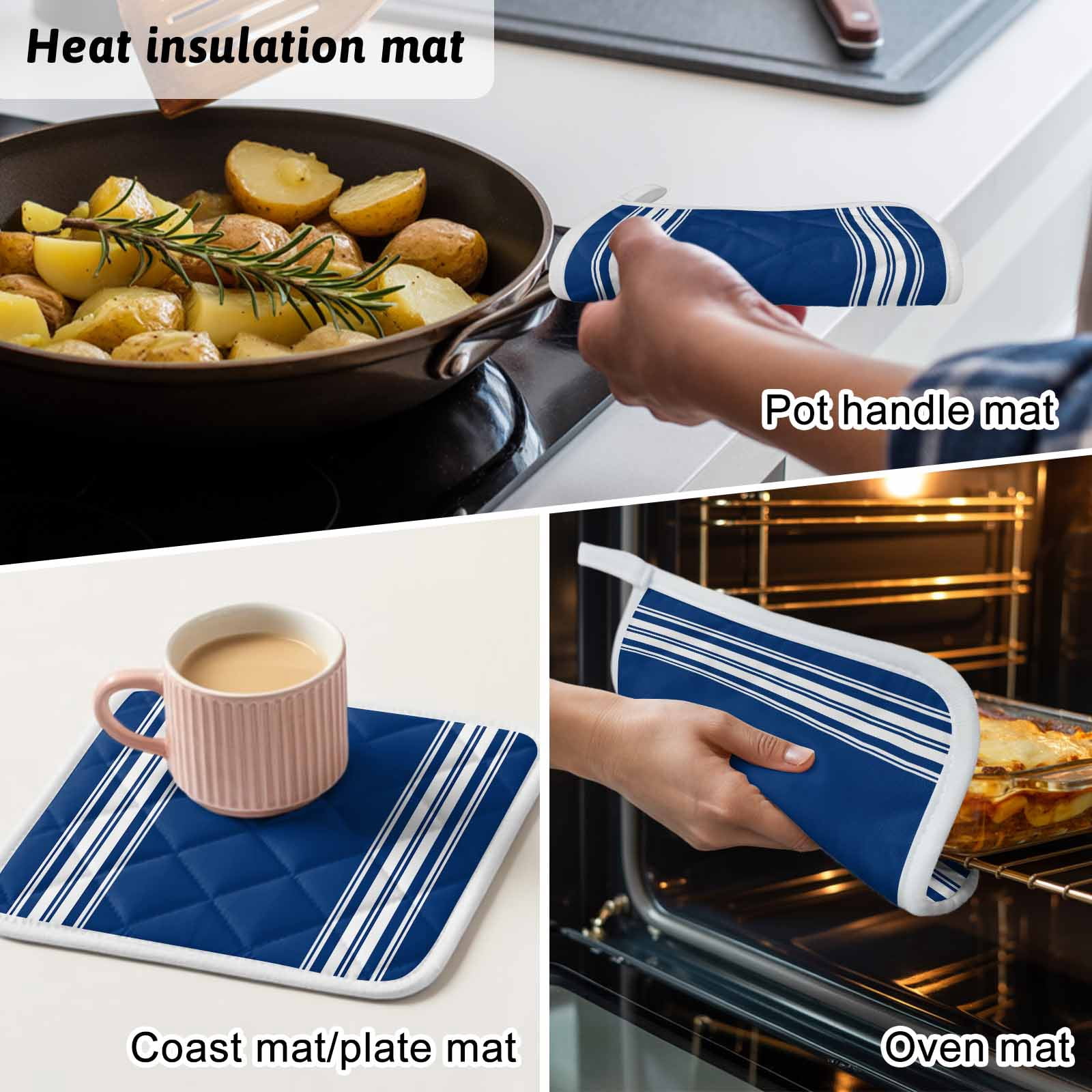 Blue Striped Pot Holders for Kitchen Heatproof Potholder, 3 Pack Farmhouse Blue White Stripes Hot Pads Multipurpose Oven Pads Cloth Potholders Trivet for Cooking Baking