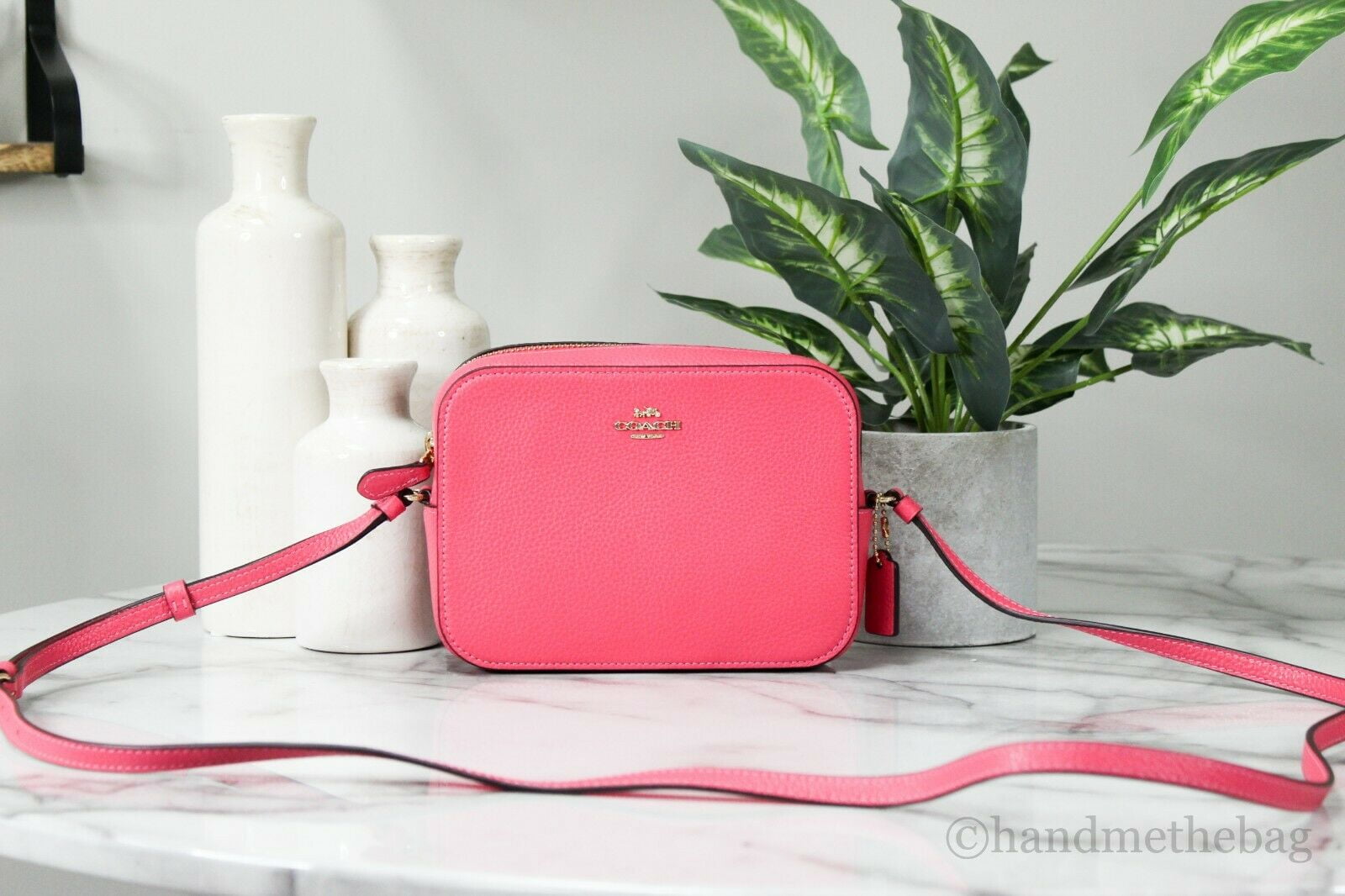 Coach 87734 Signature Coated Canvas and Leather Mini Camera Bag Crossbody Handbag Electric Pink