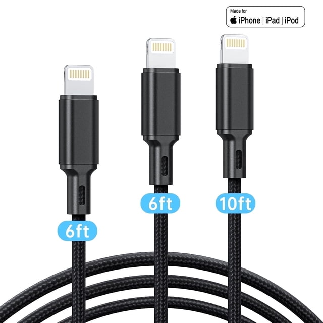 Cshidworld Lightning Charger Cable , Paquete de 3 Cables USB Lightning Certificados por Apple MFi de 6/6/10 Pies, Cable de Carga Rápida Trenzado de Nailon Compatible con iPhone 14/13/12/11/X/Max/8/7/