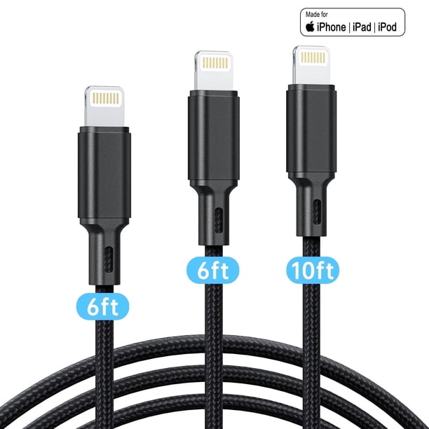 Cshidworld Lightning Charger Cable , Paquete de 3 Cables USB Lightning Certificados por Apple MFi de 6/6/10 Pies, Cable de Carga Rápida Trenzado de Nailon Compatible con iPhone 14/13/12/11/X/Max/8/7/