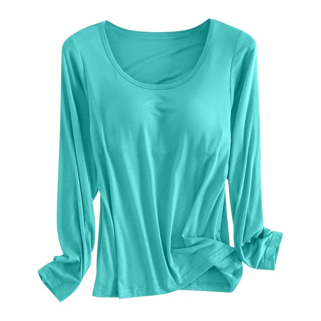 Built In Bra T Shirt For Womens Padded Long Sleeve Tops Active Blouses Soft Pajama Casual Shirts For Workout