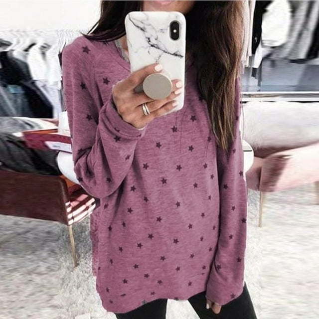 LSLJS Women's Chemise Décontractée Motif Étoile Ample Imprimé Plus Size Blouse Long Sleeve