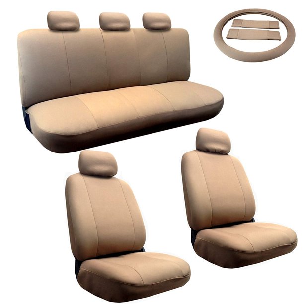 Padded Cloth Beige Tan Seat Covers for Sedan Universal Fit 5 Headrests