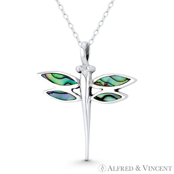 Dragonfly Insect Charm Mother-of-Pearl 29x21mm (1.1x0.8in) Pendant & Chain Necklace in .925 Sterling Silver w/ Rhodium