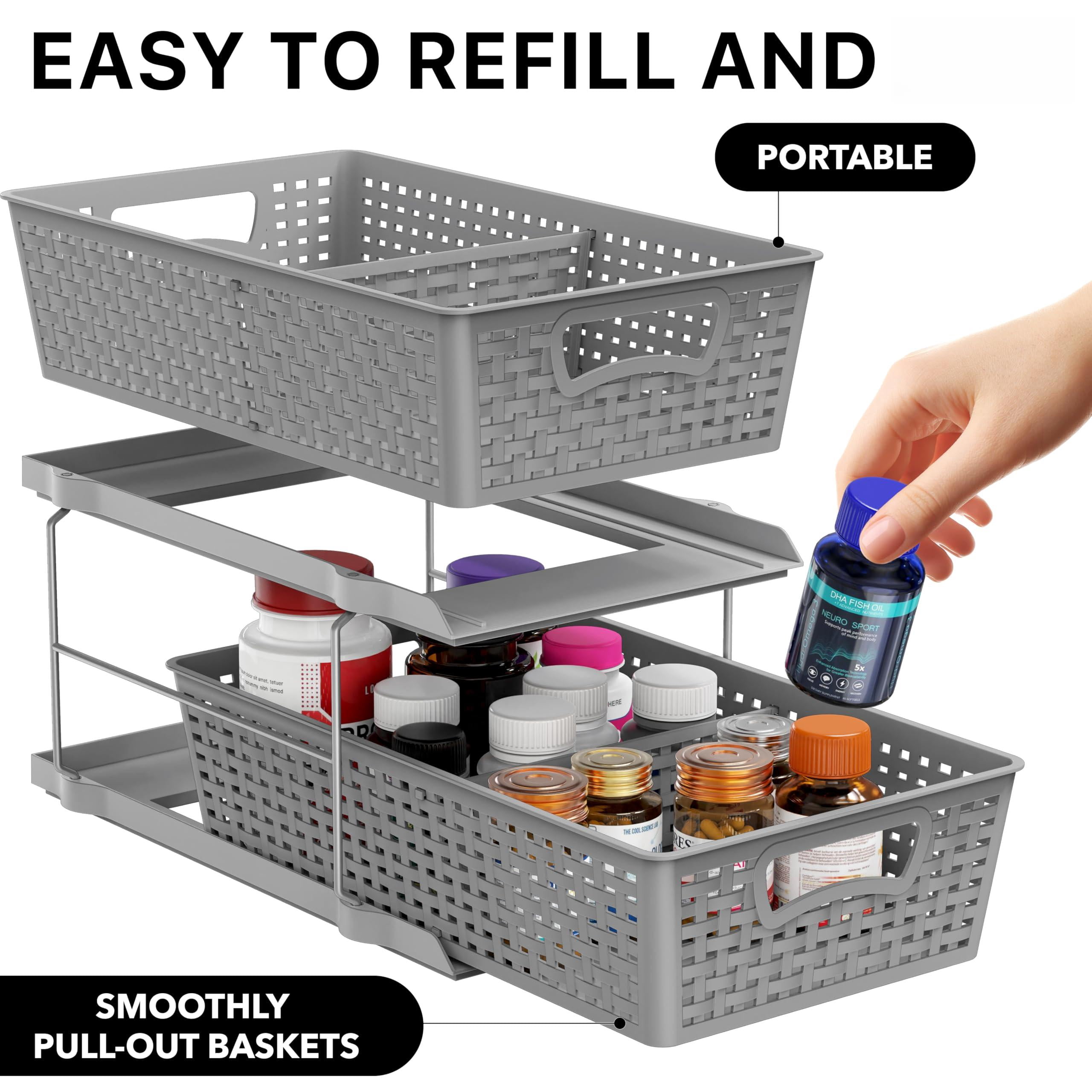 2 Tier Bathroom Organizer Tray Pull-out Sliding Drawer  Under Sink Storage Gray