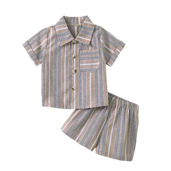 Toddler Boys Summer Outfits 6 12 18 24M 3T Turn-Down Collar Short Sleeve Stripe Shirts Tops and Elastic Waist Shorts 2Pcs Clothes Set