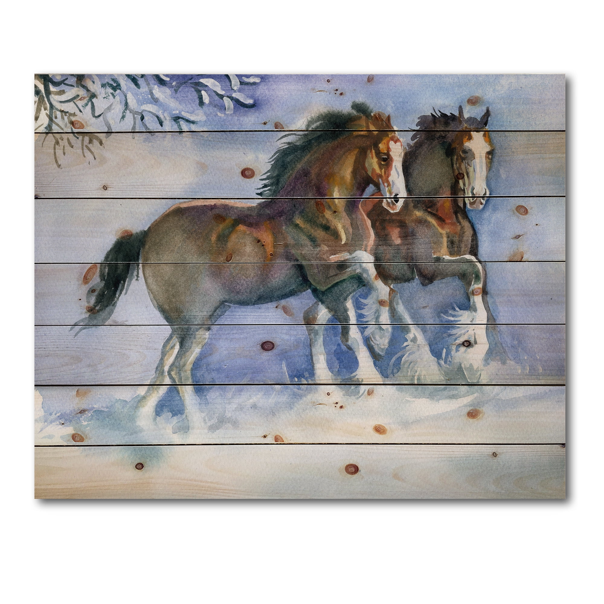 Designart 'Horses Running In Winter On Blue' Farmhouse Print on Natural Pine Wood