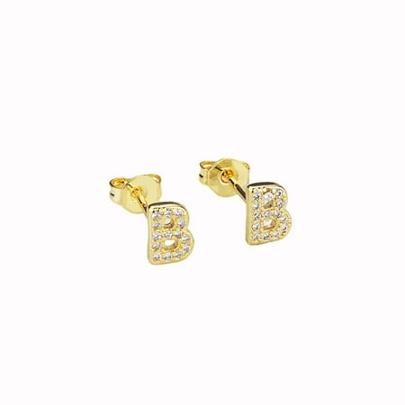 Bonjour Jewelers 14k Yellow Gold Created White Sapphire Initial B Letter Stud Earrings Plated