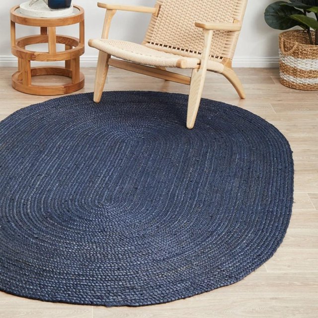 Natural Fiber Braided Oval Jute Area Rug - Vintage Hand Braid Handmade Sisal Tress de Lit (4x6 Feet, Blue)
