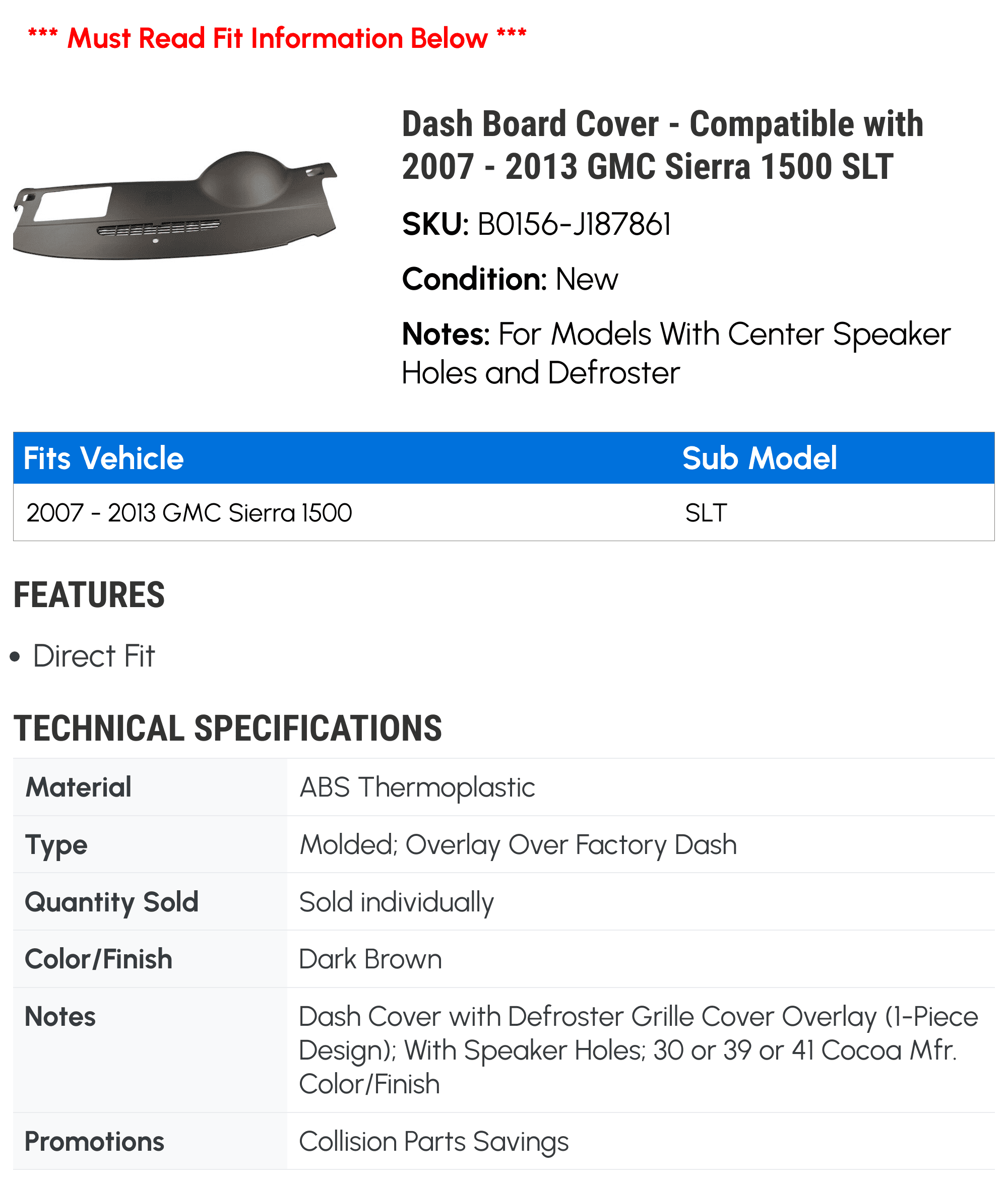 Dash Board Cover - Compatible with 2007 - 2013 GMC Sierra 1500 SLT 2008 2009 2010 2011 2012