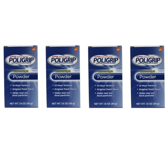 4 Pack Super Poligrip Extra Strength 12h Denture Adhesive Powder, 1.6 Oz Each