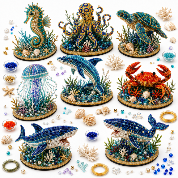 3D Beaded Sea Animal Sculpture Kit, Ocean-Themed Wire and Pearl Bead Craft Set with Shell and Coral Details, Handmade Underwater Display Project for Adults