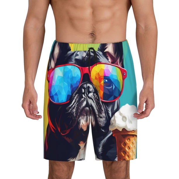 Balery Rainbow Bulldog Sunglasses Pantalones cortos de pijama de punto de algodón para hombre con cinturilla y bolsillos-X-Large