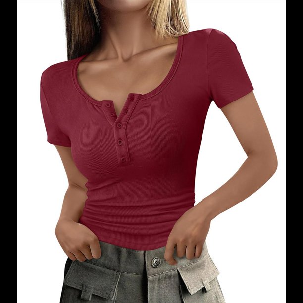 Blusa Informal Básica de Corta con Cuello Henley Acanalado y Botones para Mujer, y Verano Vino Tinto L